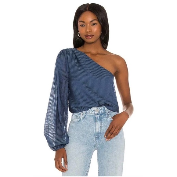 CAMI NYC Top Lenore ONE SHOULDER STRIPED Blue COTTON SILK BLEND Shirt Sz S - Picture 13 of 13